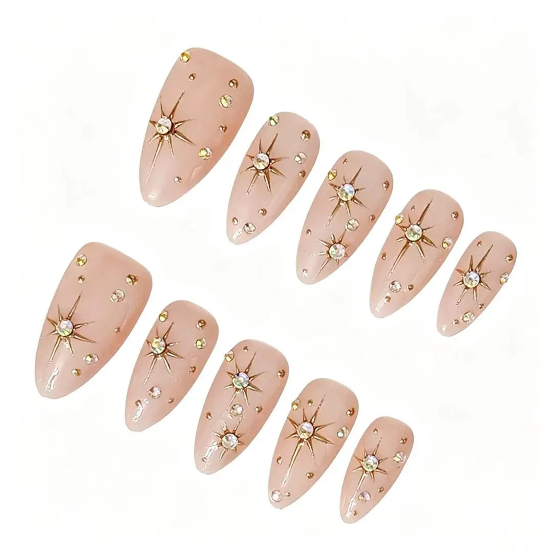 Nude Gold Starburst Press-On Nails featuring celestial, nude, crystal, elegant details on reusable handmade press-on nails