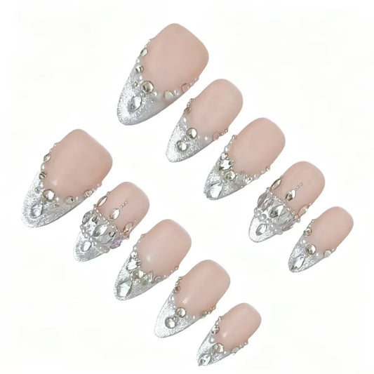 Silver Glitter Crystal Press-On Nails featuring bridal, crystal, pearl, luxury details on reusable handmade press-on nails