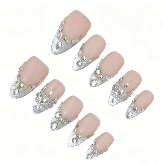 Silver Glitter Crystal Press-On Nails featuring bridal, crystal, pearl, luxury details on reusable handmade press-on nails