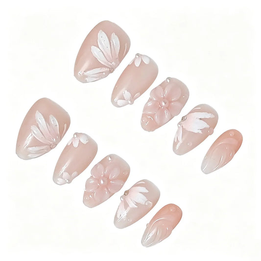 Pink Floral Blossom Press-On Nails featuring spring, summer, soft floral details on reusable handmade press-on nails