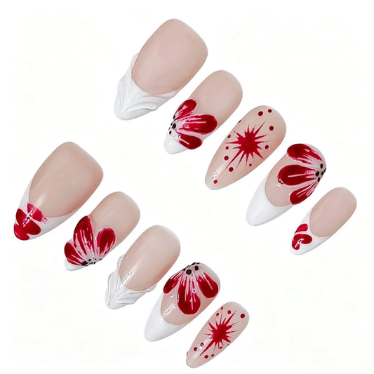 Red Butterfly French Tip Press-On Nails featuring butterfly, french tip, hand-painted, editorial details on reusable handmade press-on nails