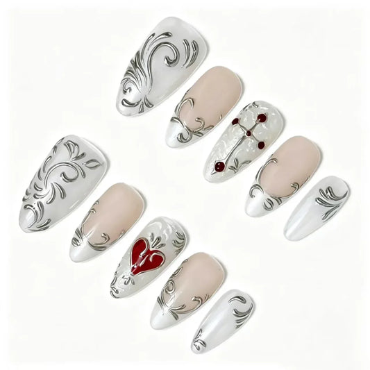 Gothic Sacred Heart Press-On Nails featuring baroque, sacred heart, cross, romantic gothic details on reusable handmade press-on nails