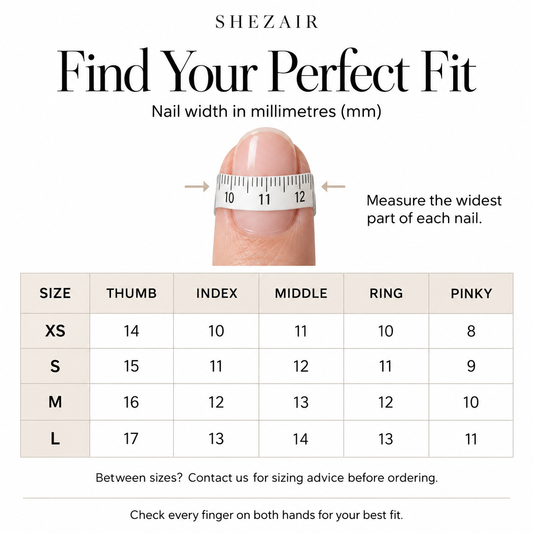 SHEZAIR nail size guide XS S M L