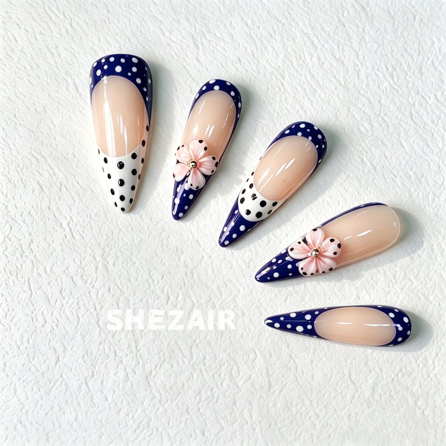 Shezair Navy Polka Dot French Press-On Nails with 3D pink flower nail art