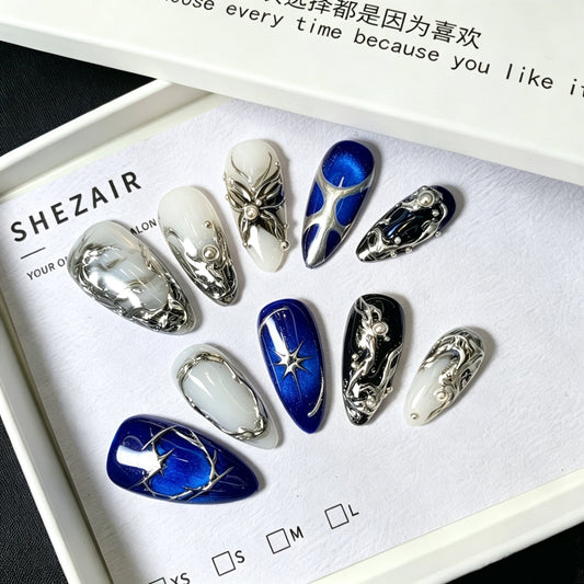 Y2K Chrome Metal Press On Nails - In Box