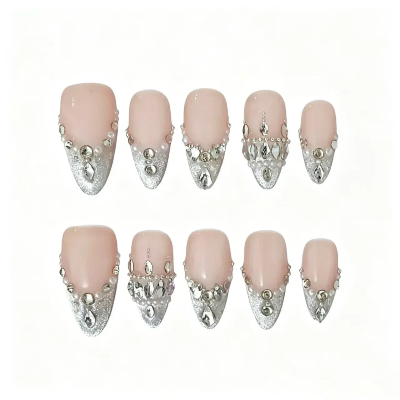 Silver Glitter Crystal Press-On Nails featuring bridal, crystal, pearl, luxury details on reusable handmade press-on nails