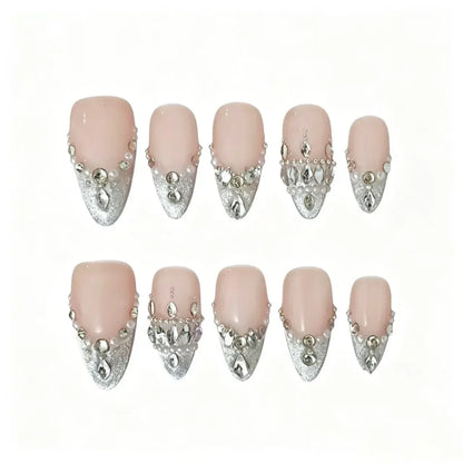 Silver Glitter Crystal Press-On Nails featuring bridal, crystal, pearl, luxury details on reusable handmade press-on nails
