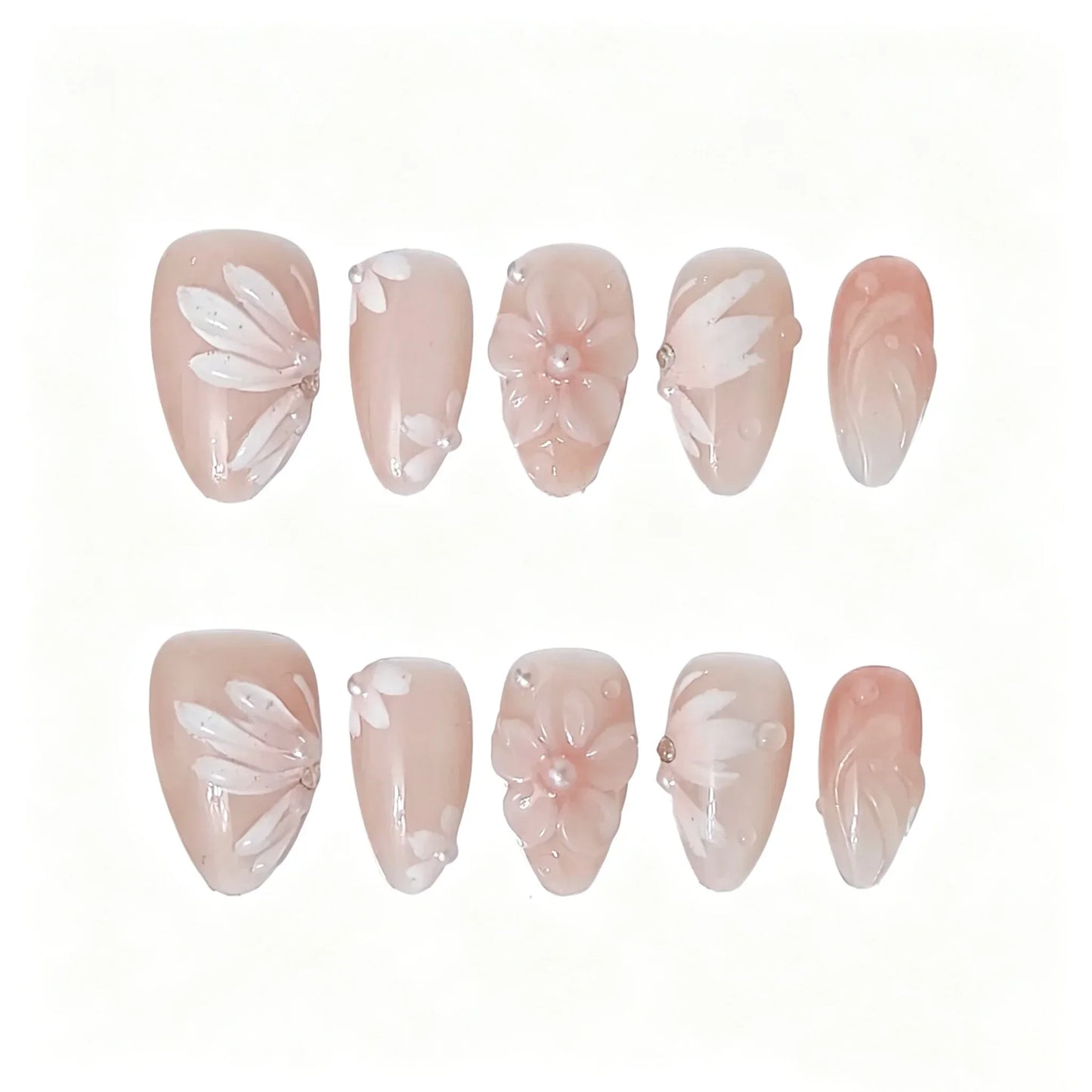 Pink Floral Blossom Press-On Nails featuring spring, summer, soft floral details on reusable handmade press-on nails
