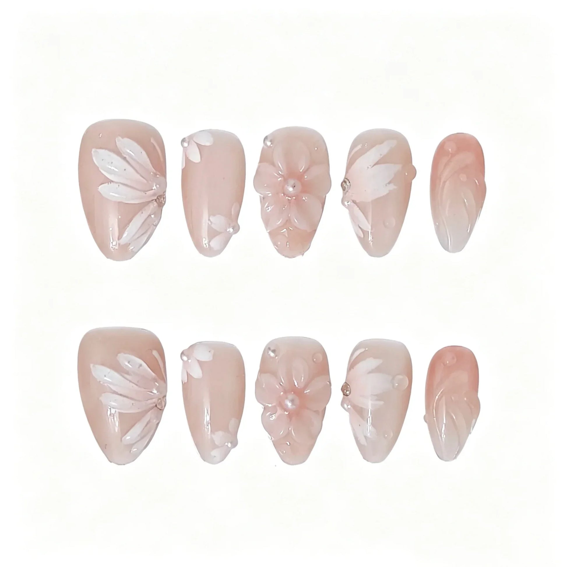 Pink Floral Blossom Press-On Nails featuring spring, summer, soft floral details on reusable handmade press-on nails