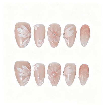 Pink Floral Blossom Press-On Nails featuring spring, summer, soft floral details on reusable handmade press-on nails