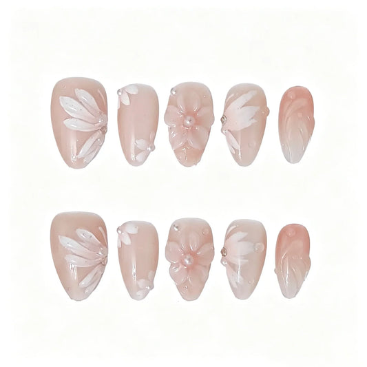 Pink Floral Blossom Press-On Nails featuring spring, summer, soft floral details on reusable handmade press-on nails