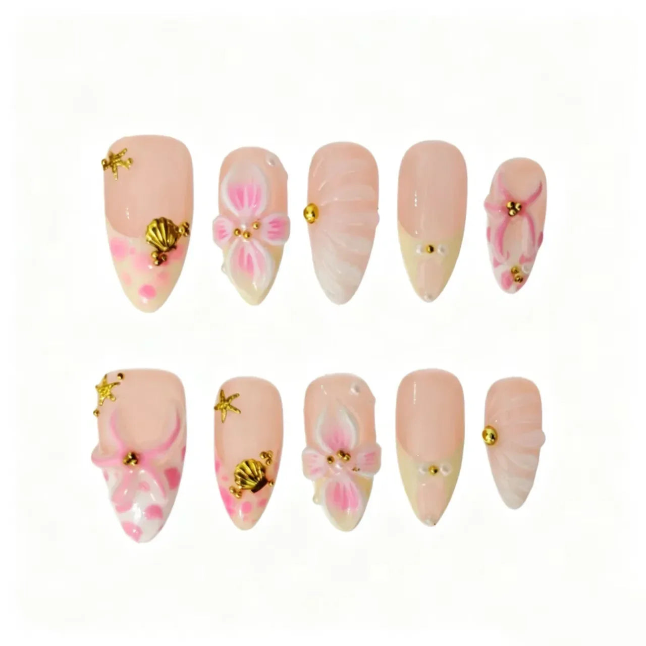 Ocean Dream Floral Press-On Nails featuring starfish, seashell, beach, bridal summer details on reusable handmade press-on nails