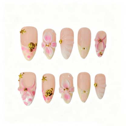 Ocean Dream Floral Press-On Nails featuring starfish, seashell, beach, bridal summer details on reusable handmade press-on nails