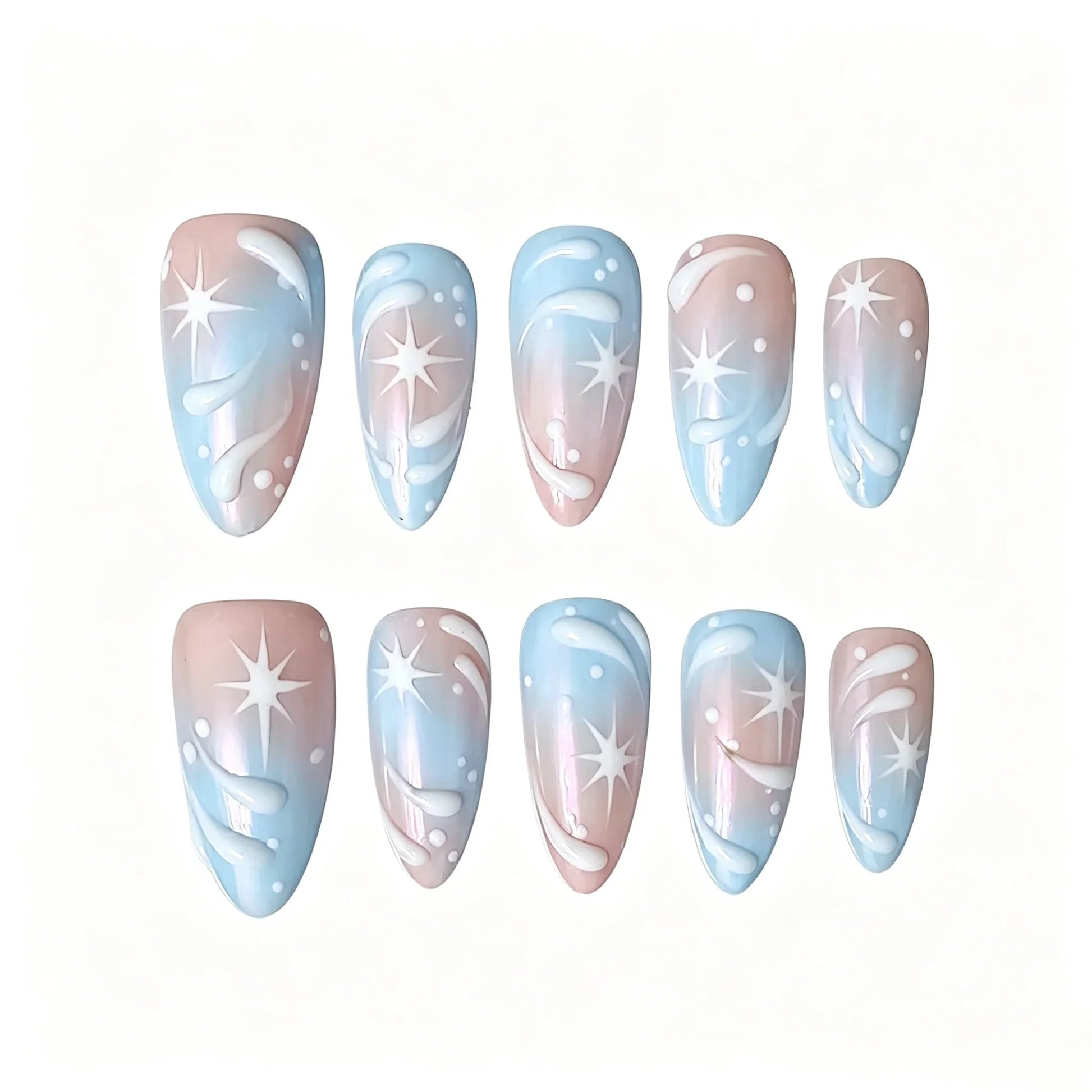 Pink Blue Star Gradient Press-On Nails featuring pastel, gradient, cute, dreamy, star details on reusable handmade press-on nails