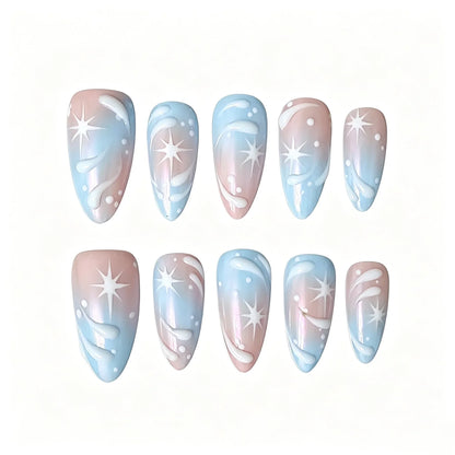 Pink Blue Star Gradient Press-On Nails featuring pastel, gradient, cute, dreamy, star details on reusable handmade press-on nails
