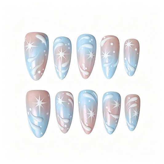 Pink Blue Star Gradient Press-On Nails featuring pastel, gradient, cute, dreamy, star details on reusable handmade press-on nails