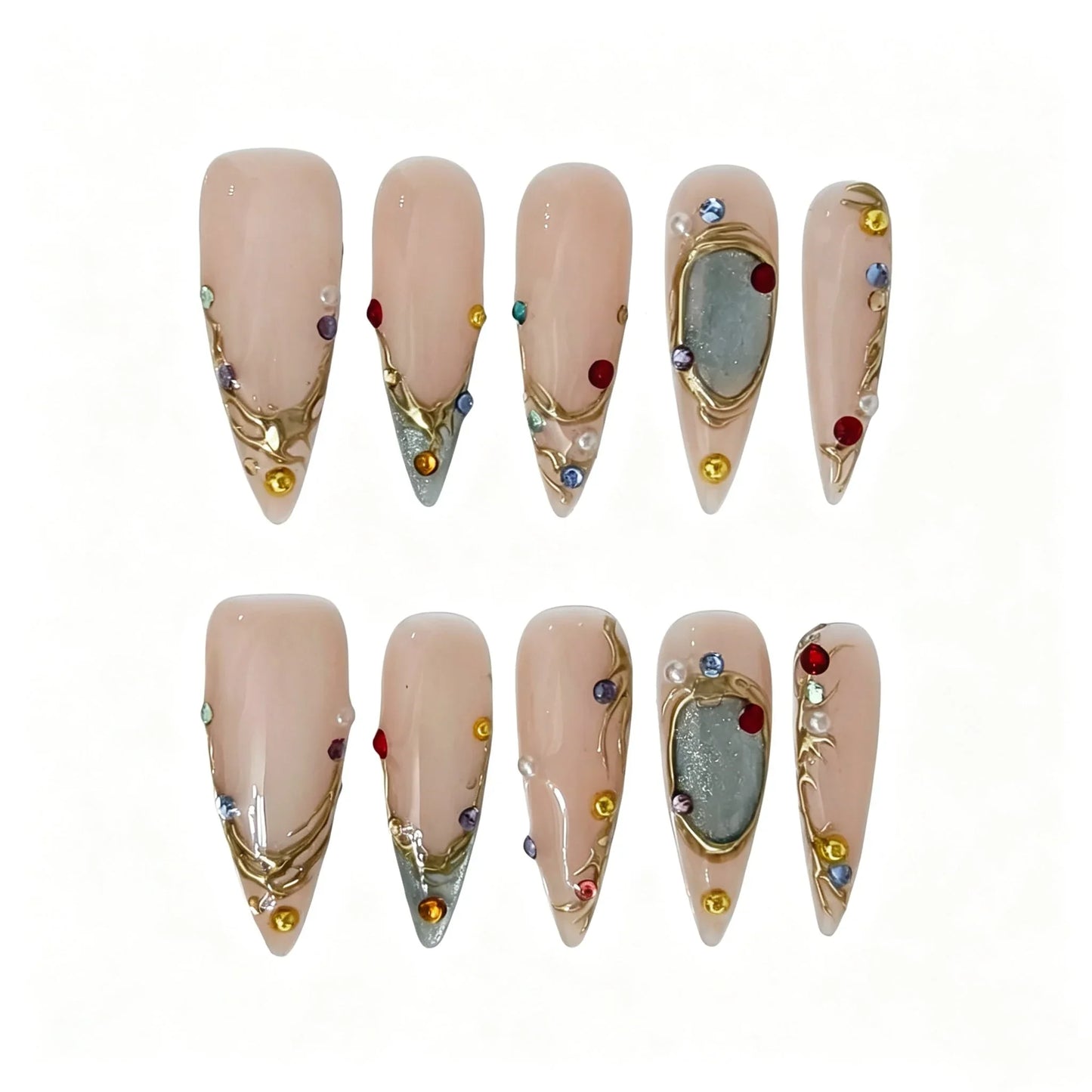 Vintage Gold Gemstone Stiletto Press-On Nails featuring vintage, royal, botanical, colorful crystal details on reusable handmade press-on nails