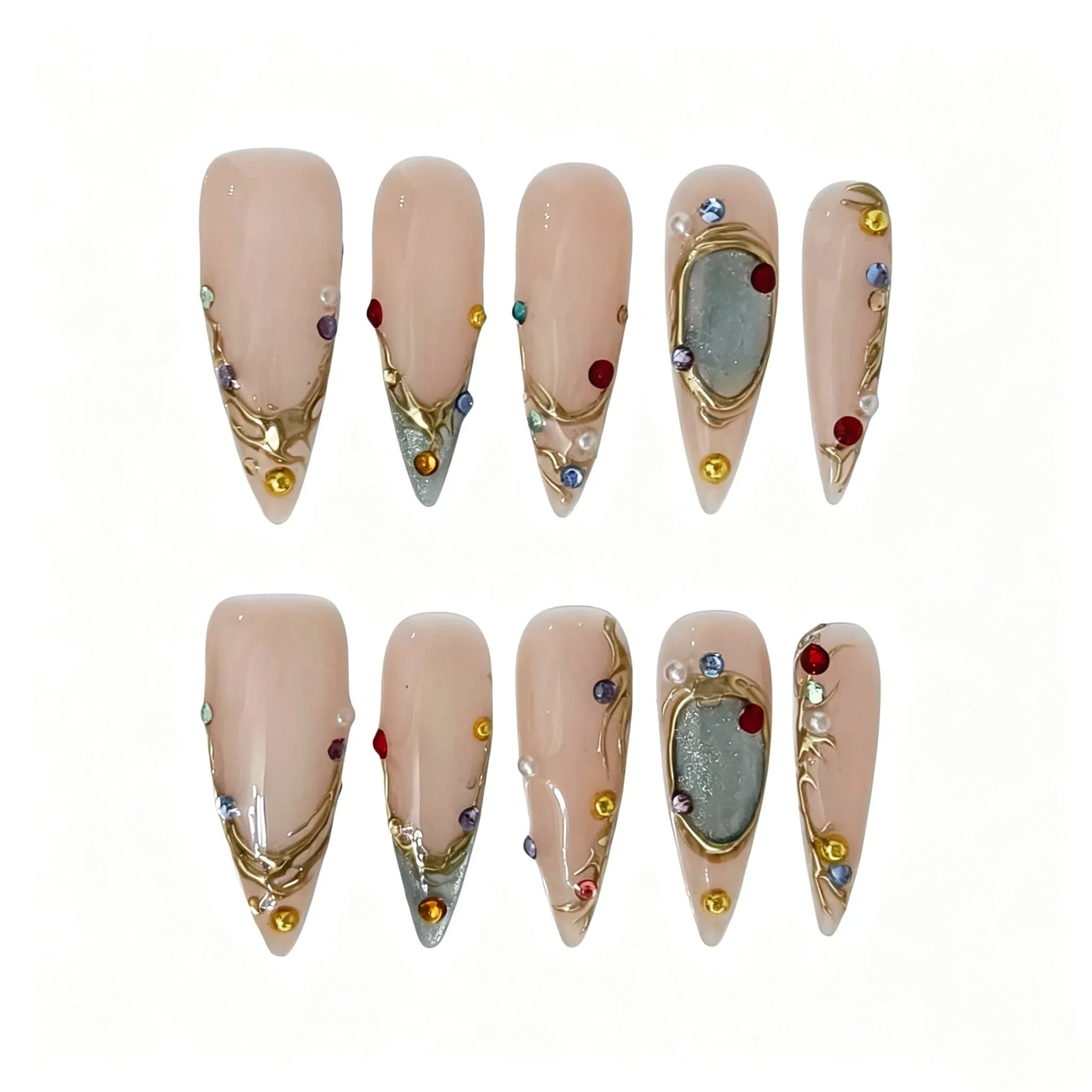 Vintage Gold Gemstone Stiletto Press-On Nails featuring vintage, royal, botanical, colorful crystal details on reusable handmade press-on nails