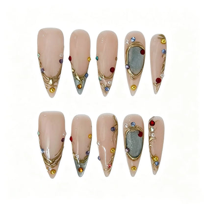 Vintage Gold Gemstone Stiletto Press-On Nails featuring vintage, royal, botanical, colorful crystal details on reusable handmade press-on nails