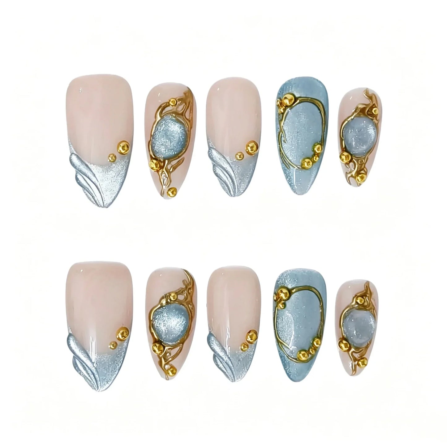 Vintage Gold Vine Blue Press-On Nails featuring dusty blue, silver wave, regal, vintage details on reusable handmade press-on nails