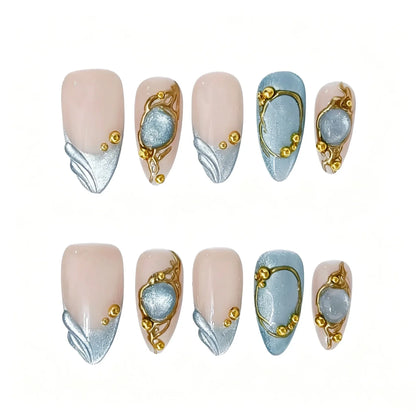 Vintage Gold Vine Blue Press-On Nails featuring dusty blue, silver wave, regal, vintage details on reusable handmade press-on nails
