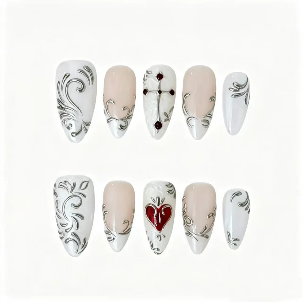 Gothic Sacred Heart Press-On Nails featuring baroque, sacred heart, cross, romantic gothic details on reusable handmade press-on nails
