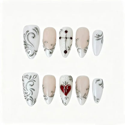 Gothic Sacred Heart Press-On Nails featuring baroque, sacred heart, cross, romantic gothic details on reusable handmade press-on nails