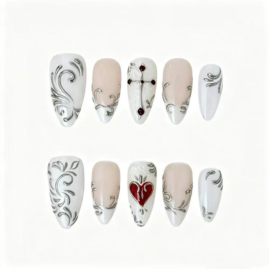 Gothic Sacred Heart Press-On Nails featuring baroque, sacred heart, cross, romantic gothic details on reusable handmade press-on nails