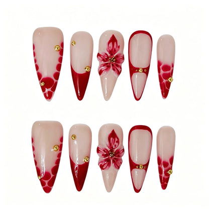 Crimson Rose Stiletto Press-On Nails featuring dramatic, rose, gold, long stiletto details on reusable handmade press-on nails