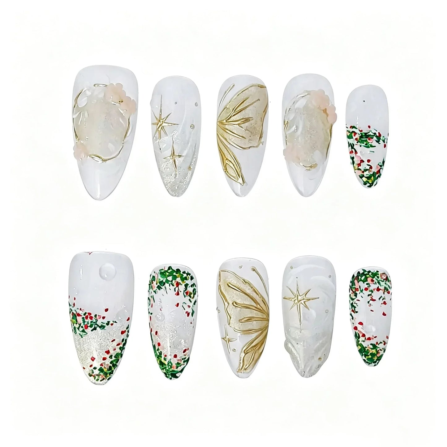 Gold Butterfly Botanical Press-On Nails featuring botanical, garden, vintage, ivory details on reusable handmade press-on nails