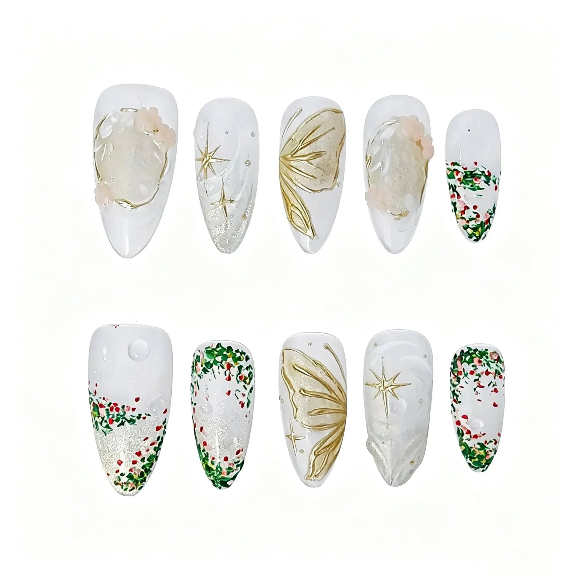 Gold Butterfly Botanical Press-On Nails featuring botanical, garden, vintage, ivory details on reusable handmade press-on nails