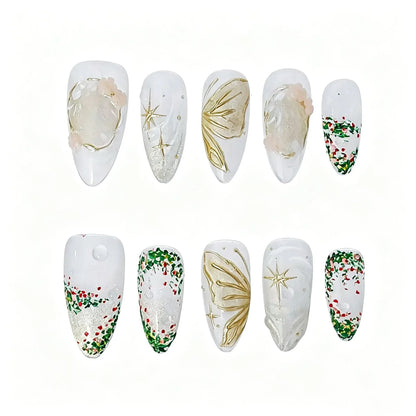 Gold Butterfly Botanical Press-On Nails featuring botanical, garden, vintage, ivory details on reusable handmade press-on nails