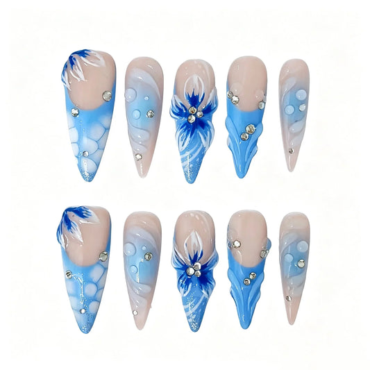 Ocean Blue Mermaid Stiletto Press-On Nails featuring ocean, mermaid, 3D floral, pearl, summer details on reusable handmade press-on nails