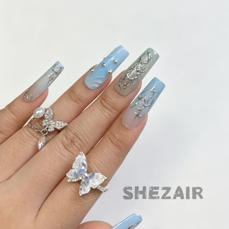 Liquid Metal Gradient Press-On Nails | 3D Silver Art