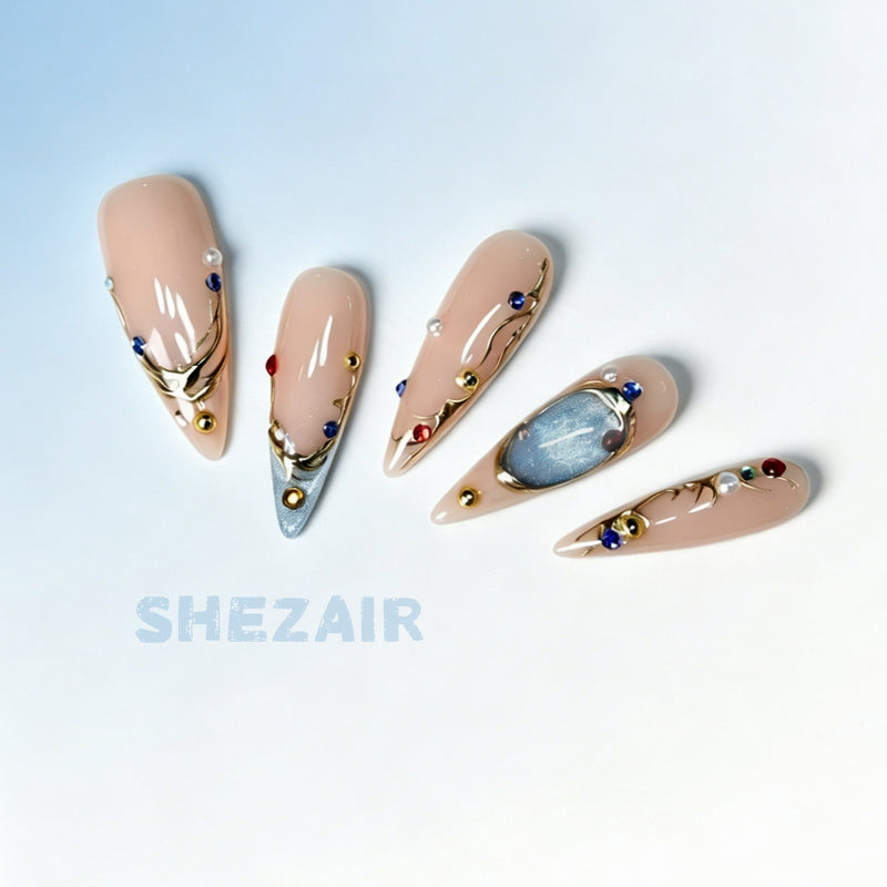 Vintage Gold Gemstone Stiletto Press-On Nails
