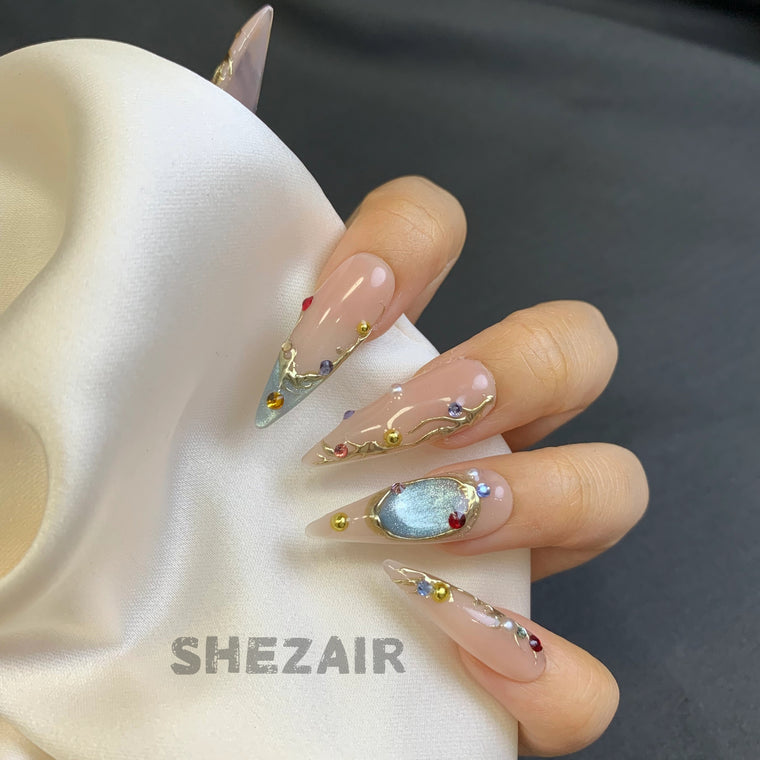 Vintage Gold Gemstone Stiletto Press-On Nails