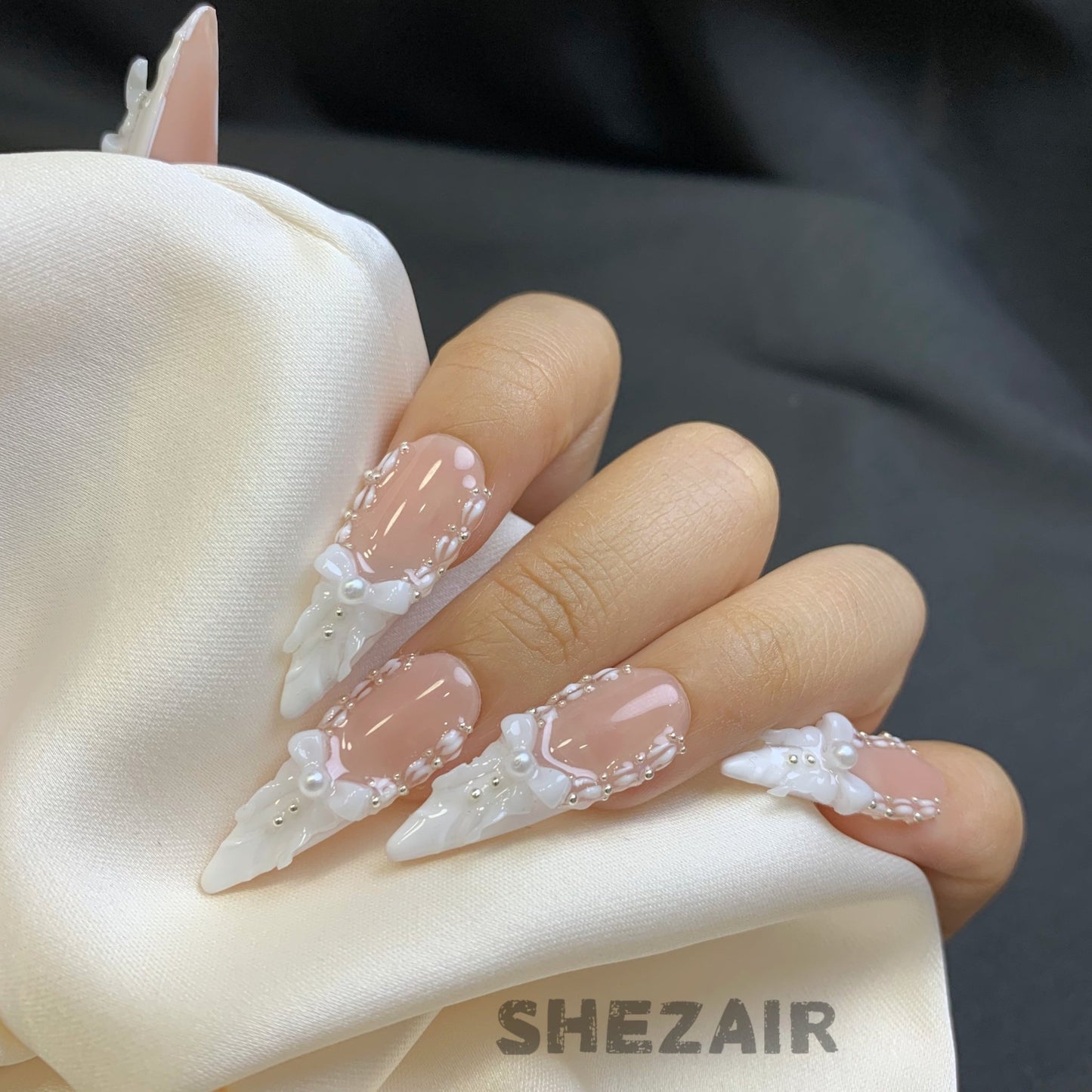 French Bow Pearl Press-On Nails | Elegant White Tips
