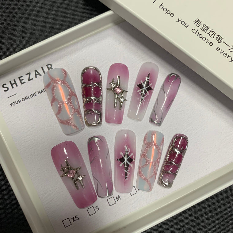 Y2K Pink Chrome Press-On Nails — 5-Style Mix Set