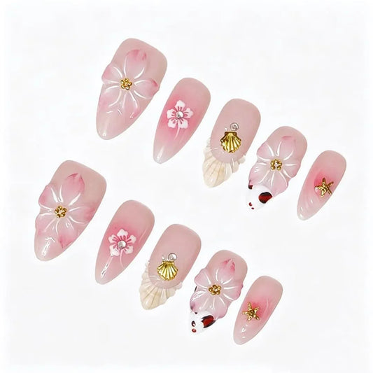 Pink Blossom Shell Press-On Nails featuring pink, shell, starfish, summer beach details on reusable handmade press-on nails