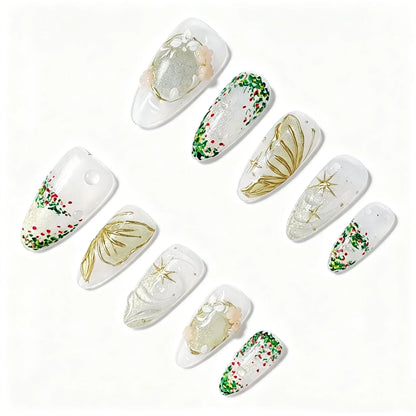 Gold Butterfly Botanical Press-On Nails featuring botanical, garden, vintage, ivory details on reusable handmade press-on nails
