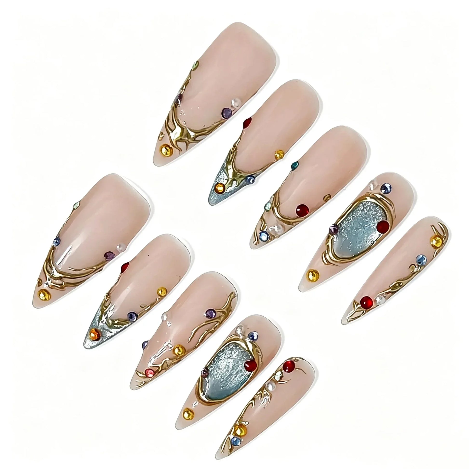 Vintage Gold Gemstone Stiletto Press-On Nails featuring vintage, royal, botanical, colorful crystal details on reusable handmade press-on nails