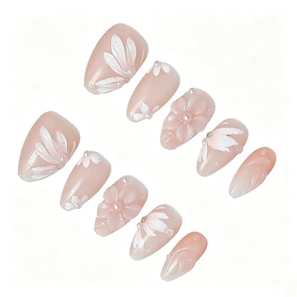 Pink Floral Blossom Press-On Nails featuring spring, summer, soft floral details on reusable handmade press-on nails