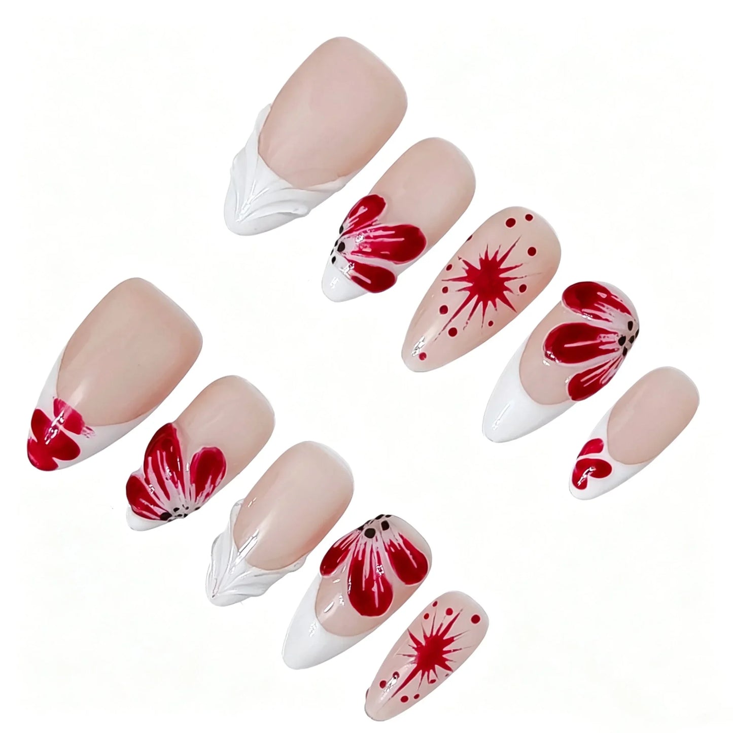 Red Butterfly French Tip Press-On Nails featuring butterfly, french tip, hand-painted, editorial details on reusable handmade press-on nails