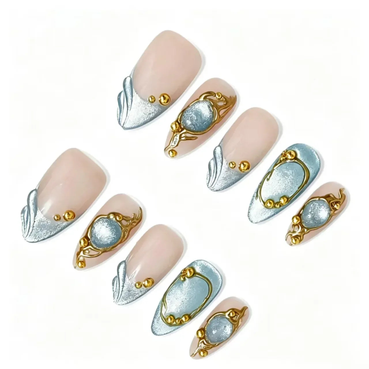Vintage Gold Vine Blue Press-On Nails featuring dusty blue, silver wave, regal, vintage details on reusable handmade press-on nails
