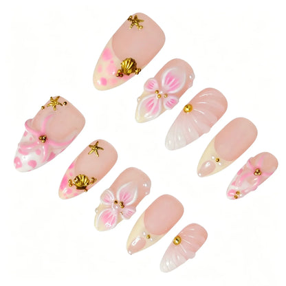 Ocean Dream Floral Press-On Nails featuring starfish, seashell, beach, bridal summer details on reusable handmade press-on nails