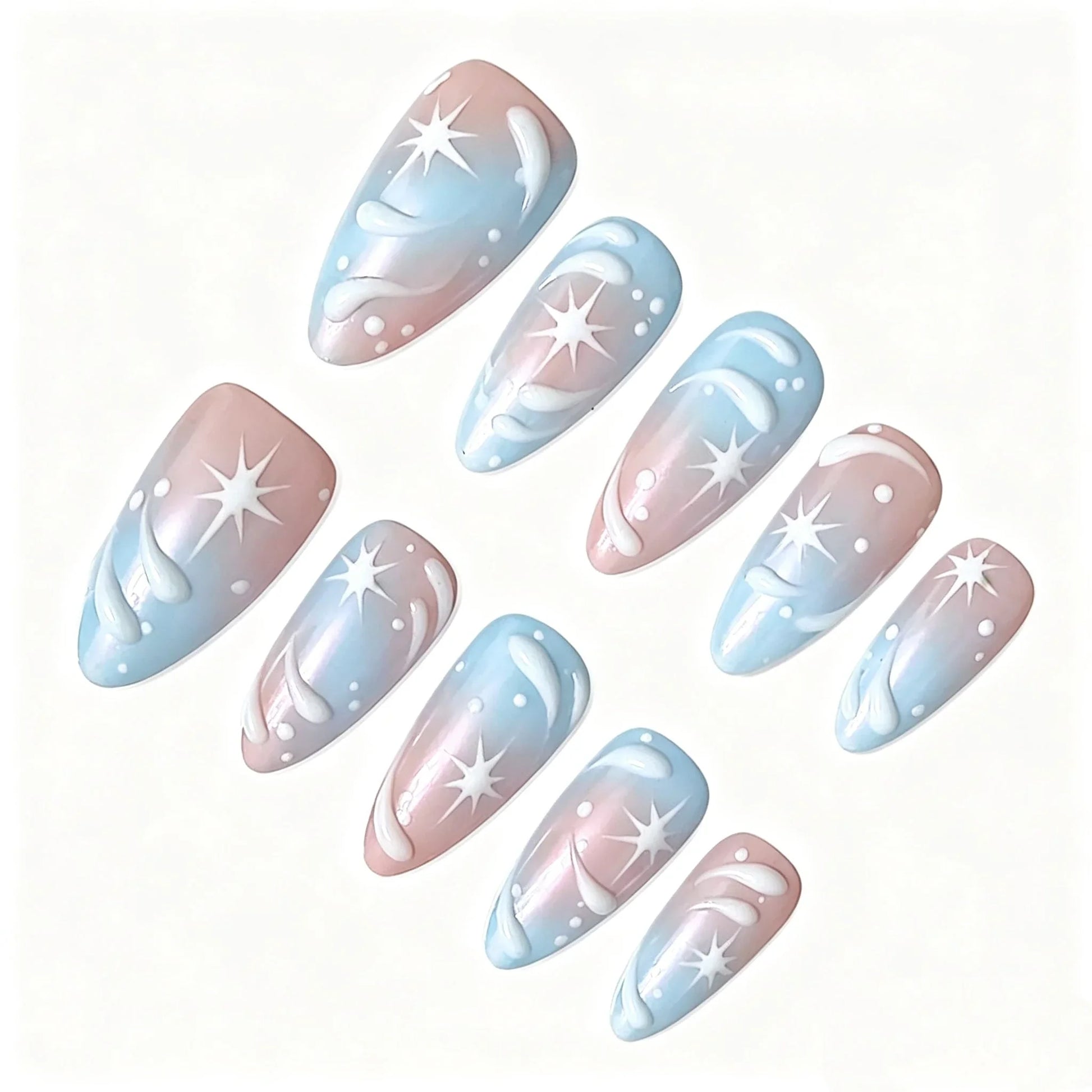 Pink Blue Star Gradient Press-On Nails featuring pastel, gradient, cute, dreamy, star details on reusable handmade press-on nails