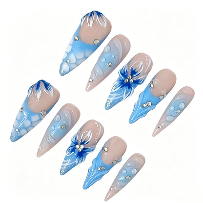 Ocean Blue Mermaid Stiletto Press-On Nails featuring ocean, mermaid, 3D floral, pearl, summer details on reusable handmade press-on nails