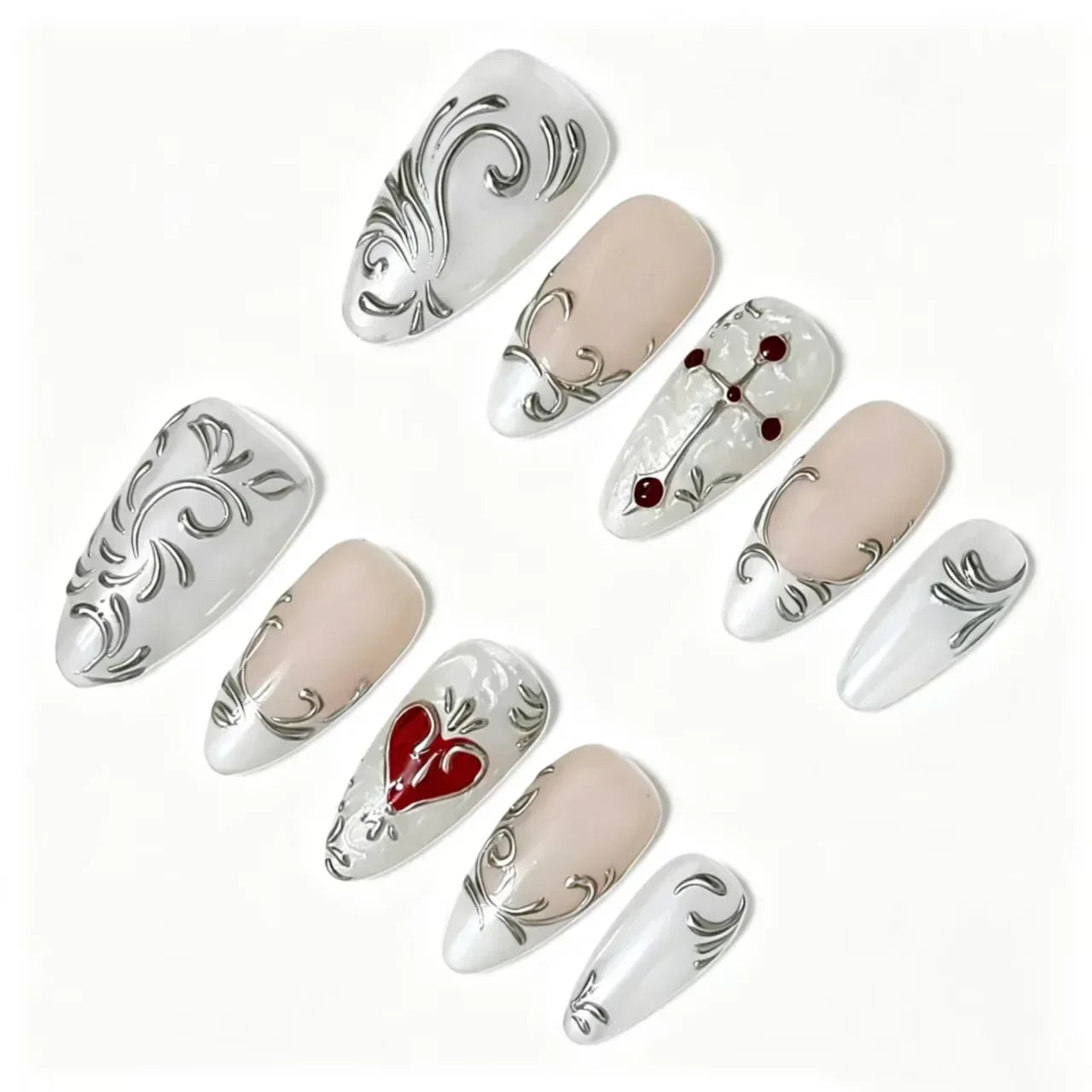 Gothic Sacred Heart Press-On Nails featuring baroque, sacred heart, cross, romantic gothic details on reusable handmade press-on nails