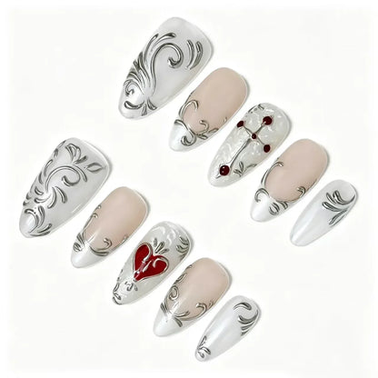 Gothic Sacred Heart Press-On Nails featuring baroque, sacred heart, cross, romantic gothic details on reusable handmade press-on nails