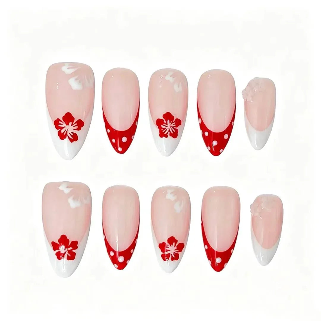 Red Floral Polka Dot French Press-On Nails featuring vintage, polka dot, red flower, playful details on reusable handmade press-on nails